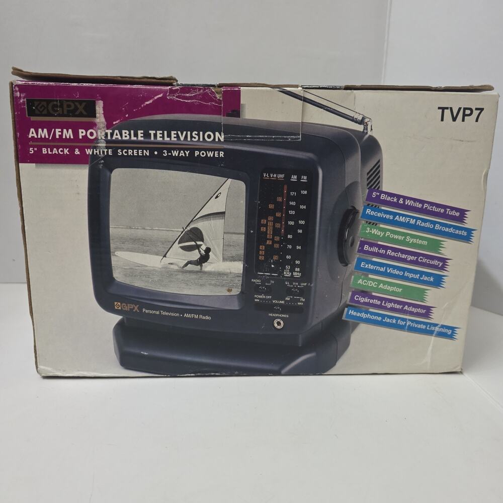 GPX Gran Prix TVP7 Portable 5in Black and White TV AM FM Radio Vintage 1996